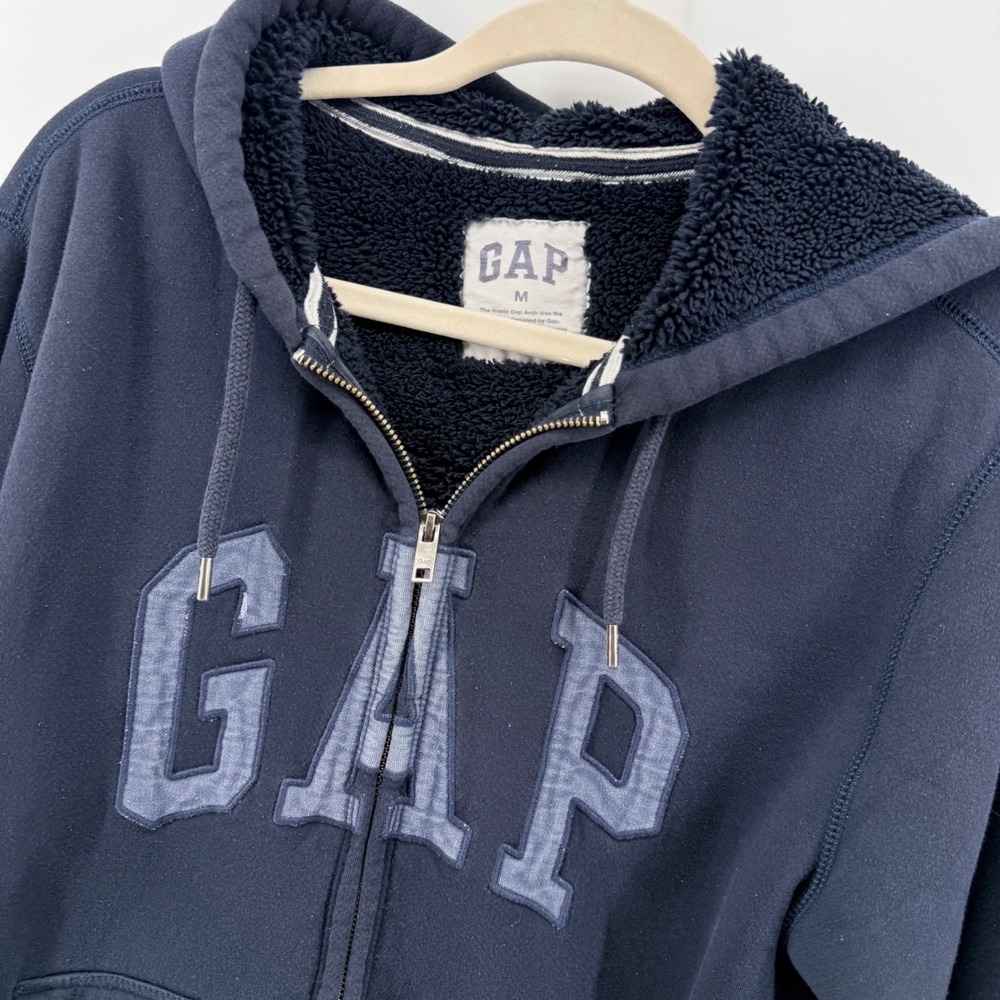 GAP Sherpa Lined Hoodie Mens M Navy Blue Arch Logo Full Zip Sweatshirt Preppy